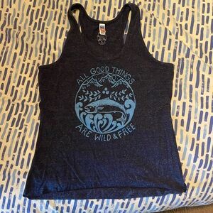 Salmon sisters blue tank, size large, all good things are wild and free